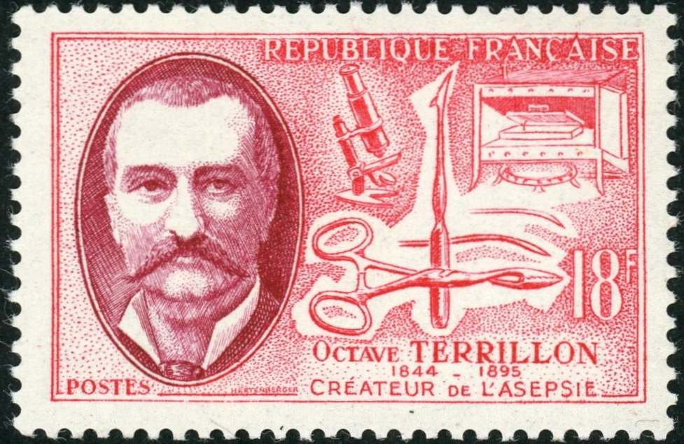 治療を目的とした医療器具の切手01_フランス（1957年発行）—テリヨンと手術器具の滅